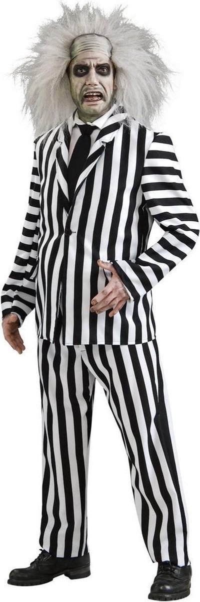 Horror Films Kostuum | Zwart Witte Krijtstreep Beetlejuice Deluxe | Man | Maat 48-52 | Halloween | Verkleedkleding